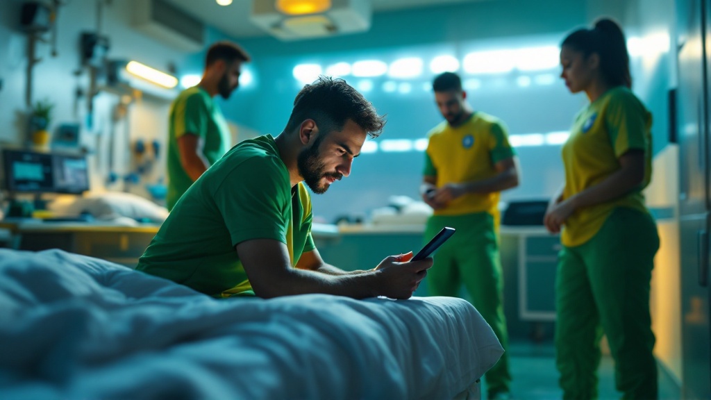 Original Golmetria image about a Brazil injury at the World Cup, cinematic AI-generated image; no real photos, no likeness of real people, and no club crests.