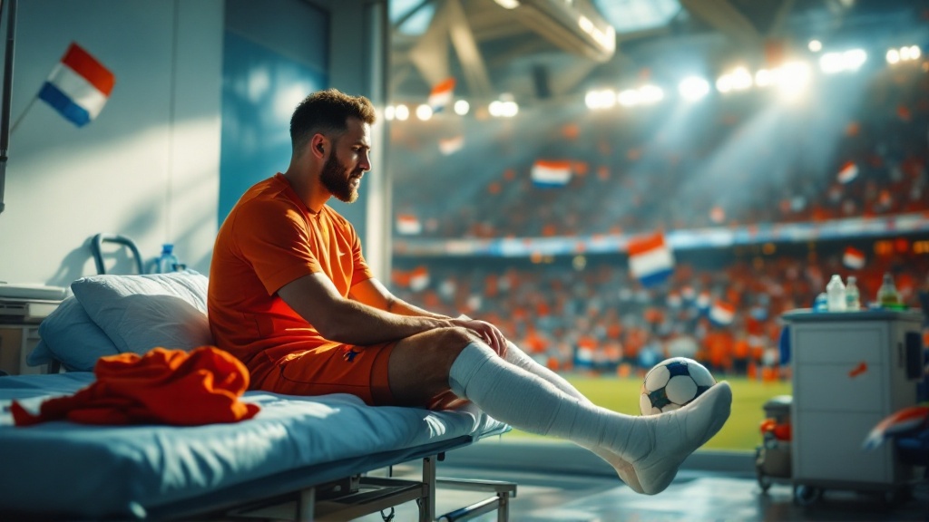 Imagem original da Golmetria sobre lesão de Holanda na Copa do Mundo, imagem cinematográfica gerada por IA; sem fotos reais, sem semelhança de pessoas reais e sem escudos.