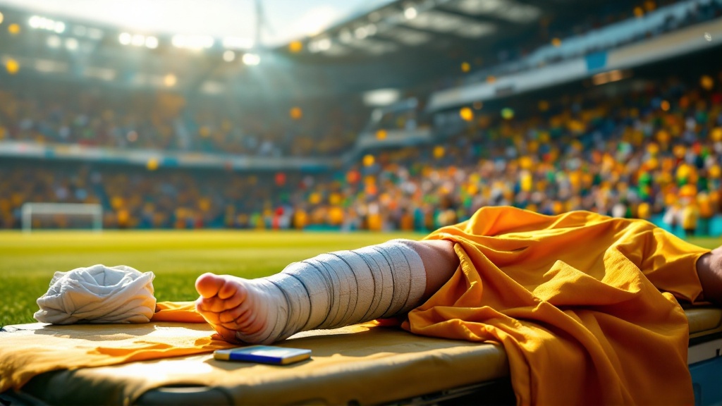 Imagem original da Golmetria sobre lesão de Brasil na Copa do Mundo, imagem cinematográfica gerada por IA; sem fotos reais, sem semelhança de pessoas reais e sem escudos.